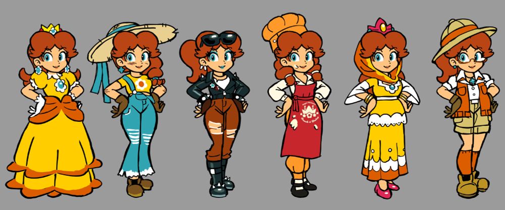 a set of outfits for princess daisy. from left to right, her default dress, a farmer outfit with a sunhat and overalls, a biker outfit with torn jeans and leather jacket, a baker outfit with an apron featuring peach & daisy patisserie, a traditional outfit based on persian fashion, and an explorer outfit with vest and glasses