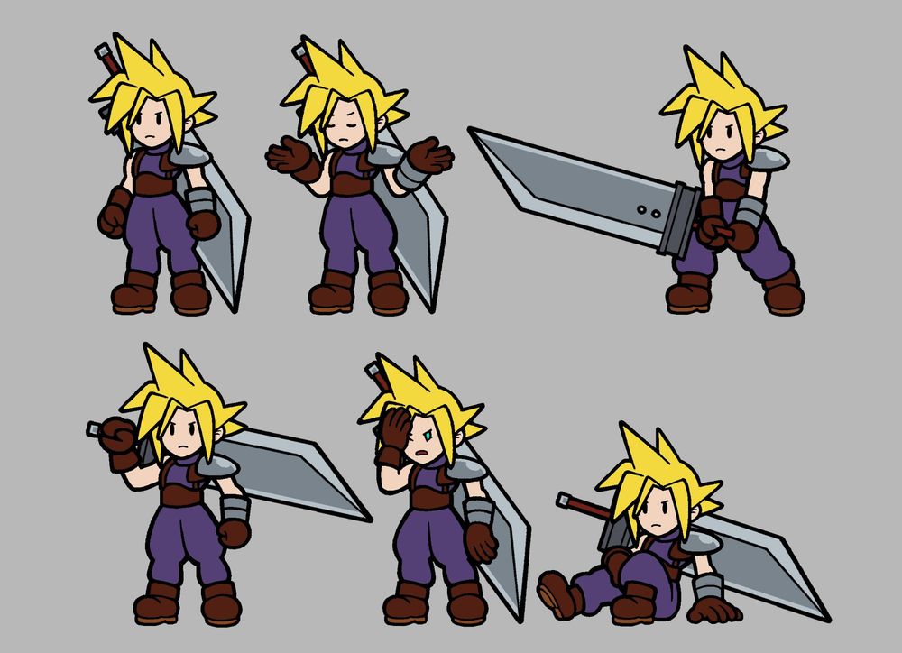 Cloud Strife in the Paper Mario art style, in various poses. In order, Cloud stands idle, Cloud shrugs his shoulders, Cloud assumes a battle-ready stance, Cloud in his victory pose, Cloud experiencing a headache, and Cloud sitting down.