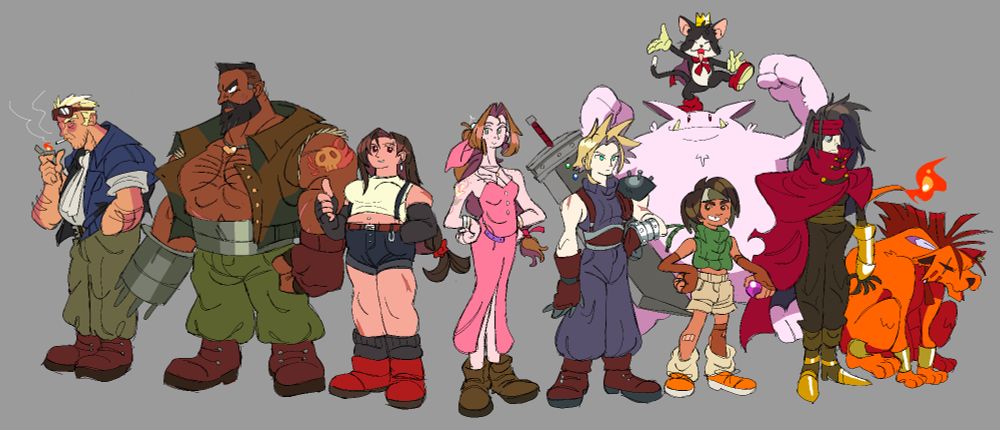 the entire ff7 party, from left to right, cid highwind, barret wallace, tifa lockhart, aerith gainsborough, cloud strife, yuffie kisaragi, cait sith, vincent valentine, and nanaki/red xiii