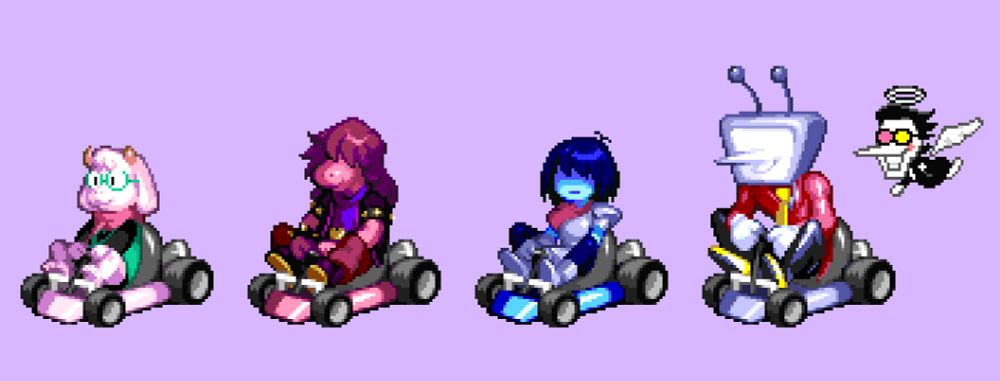 several deltarune characters drawn in the style of dr robotnik's ring racers. featured from left to right are ralsei, susie, kris, tenna, and a spamton angel
