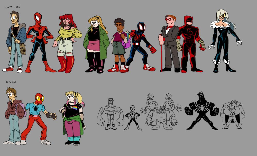 Two lineups of Spider-Man characters. The top row, featuring characters as they appear during Peter's adult years, has Peter Parker, Spider-Man, Mary Jane Watson, Gwen Stacy, Miles Morales and his Spider-Man suit design, Matt Murdock, Daredevil, and Black Cat.

The bottom row features characters during Peter's teen years, showing Peter Parker, Spider-Man, and Gwen Stacy.

Beside that are some simple drawings of various villains, including Sandman, Dr. Octopus, Venom, and Eddie Brock.
