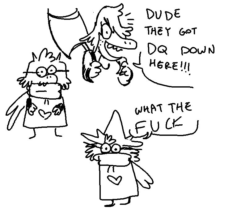 susie excitedly says "dude they got dq down here!" while ralsei says "what the fuck"