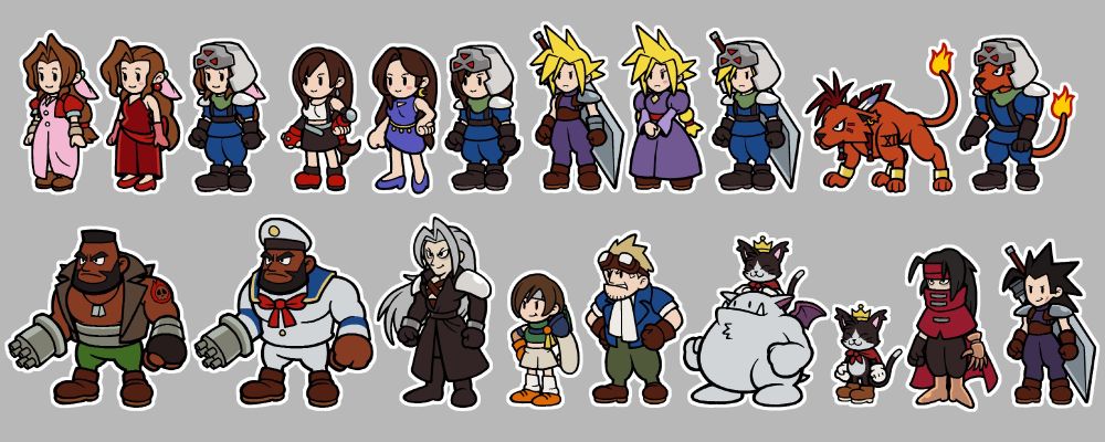 A collection of Final Fantasy 7 characters in the Paper Mario art style. In order, there is Aerith, Aerith in her red Wall Market dress, Aerith in her Shinra Trooper disguise, Tifa, Tifa in her violet Wall Market dress, Tifa in her Shinra Trooper disguise, Cloud, Cloud in his purple Wall Market dress, Cloud in his Shinra Trooper disguise, Red XIII, Red XIII in his Shinra Trooper disguise, Barret, Barret in his sailor outfit, Sephiroth, Yuffie, Cid, Cait Sith and his Moogle, Cait Sith alone, Vincent, and Zack.