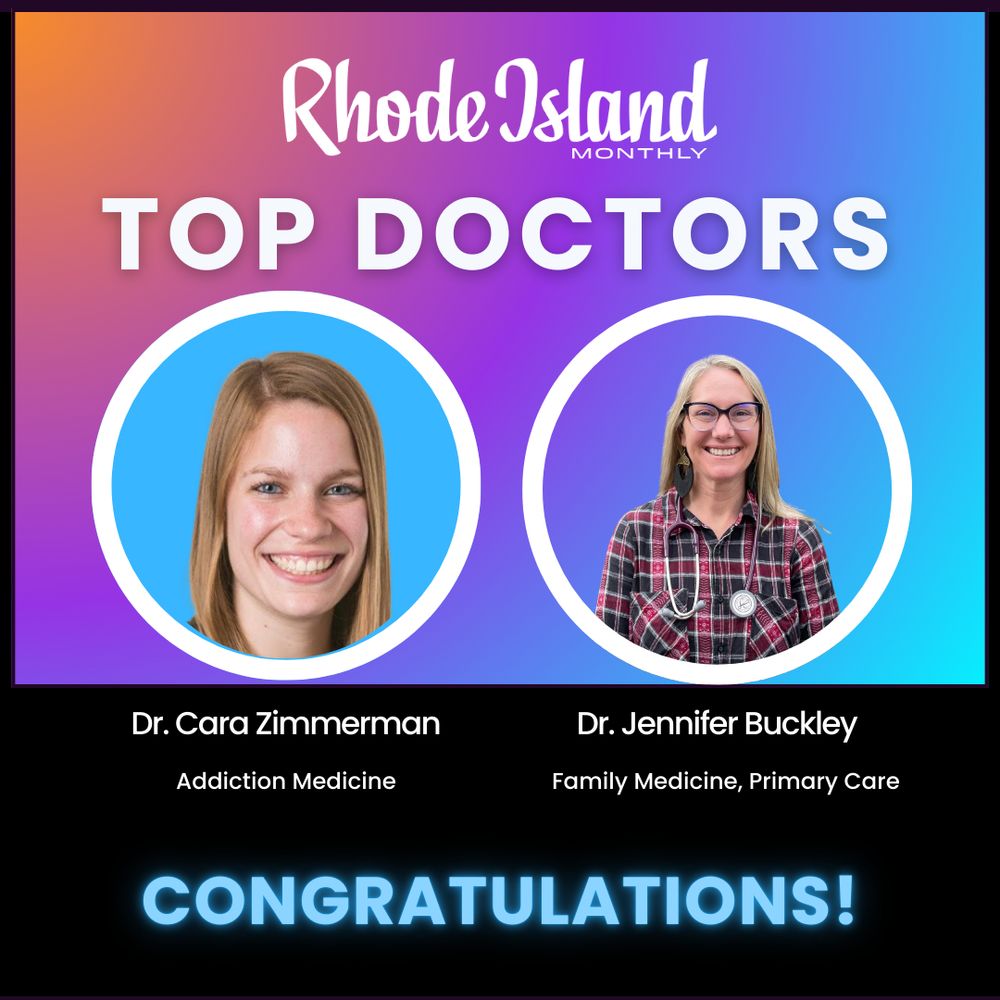 Square image with two inset circles with white borders that have headshots of Dr. Cara Zimmerman (left) and Dr. Jennifer Buckley (right). Both have been named Top Doctors in the May 2025 issue of RI Monthly. Bottom text says simply "Congratulations!"