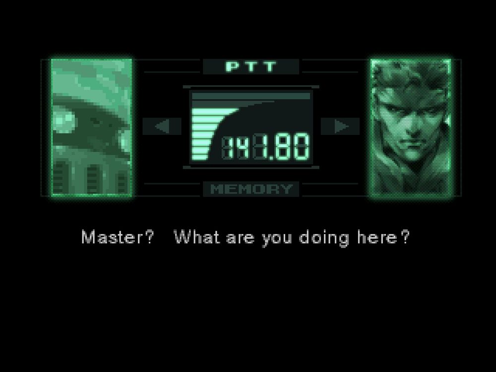 Parody image of a Metal Gear Solid codec screen with Snake and Ershin from Breath of Fire IV. Snake says "Master? What are you doing here?" Master is Ershin's name in the Japanese version of Breath of Fire IV. There is also a character in MGS called Master.