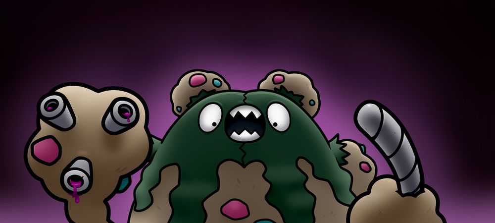The Pokemon Garbodor looms above the viewer with it's limbs reaching forward