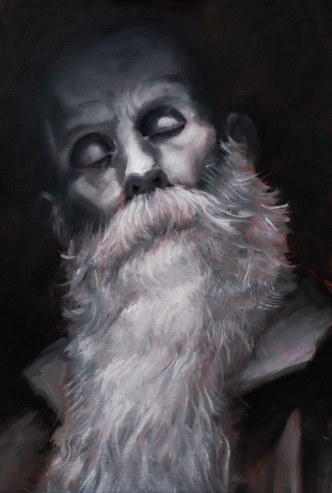 black and white painting of an old man with a long white beard