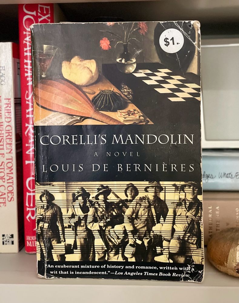 A picture of the book “Corelli’s Mandolin” by Louis De Bernières