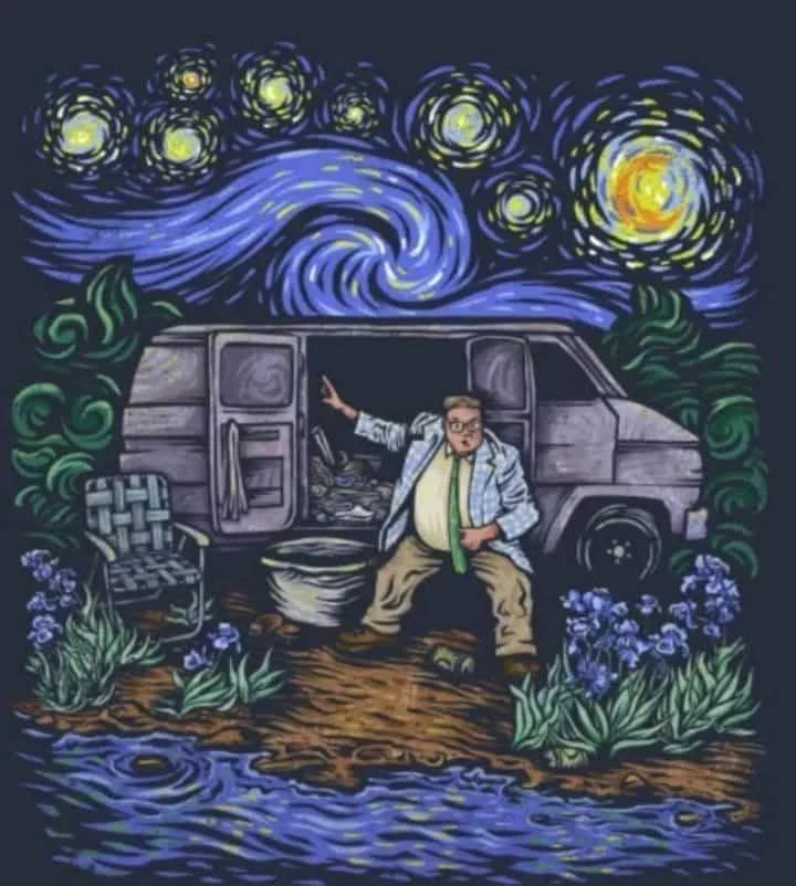 Humorous painting in the style of Van Gogh's Starry night painting with the SNL character portrayed by Chris Farley in his 'van down by the river' skit.