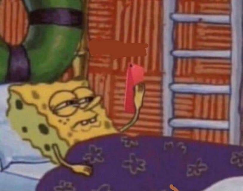 SpongeBob, in bed, looking at his iphone. He looks annoyed. 