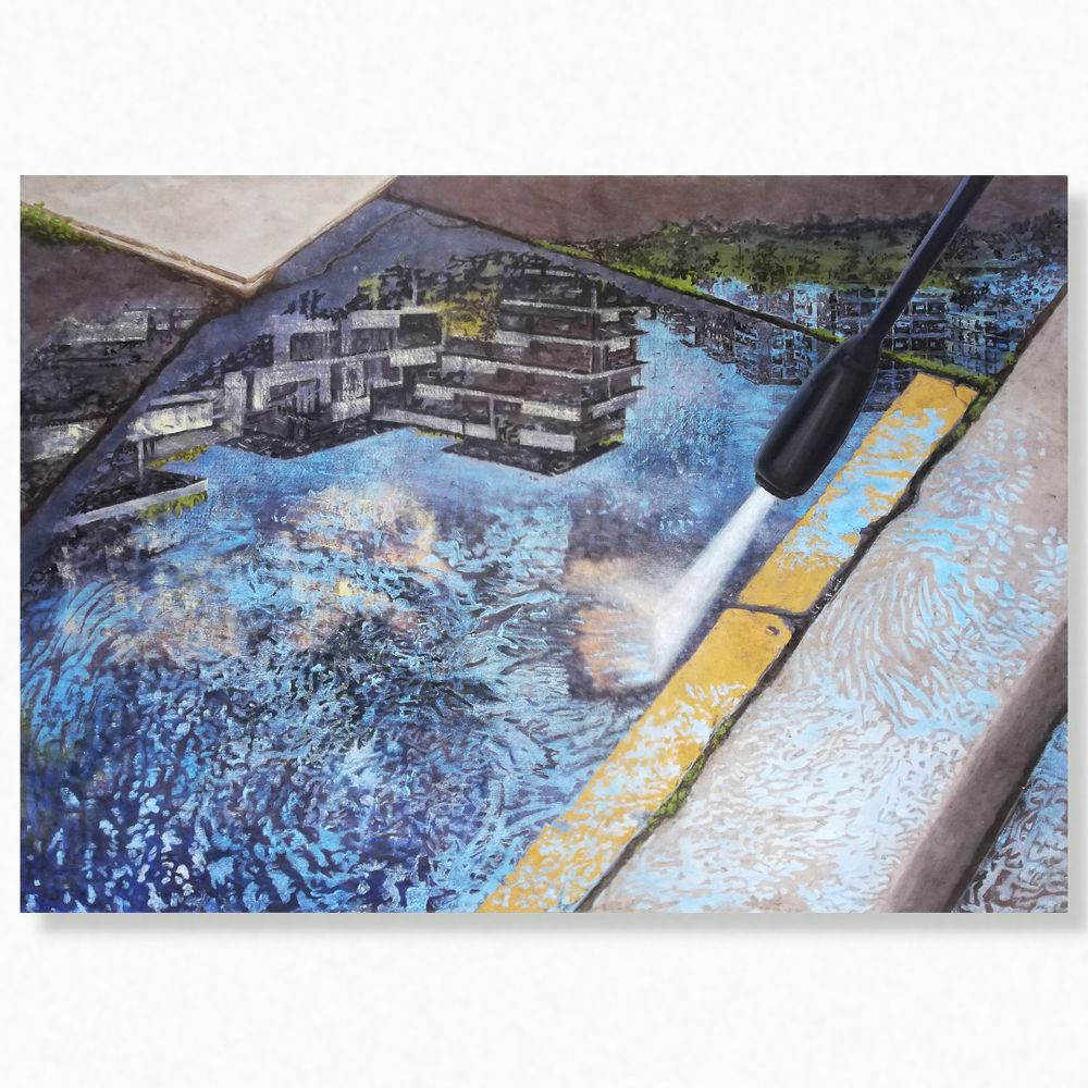 A painting by Aurel Porté depicting a sidewalk being cleaned with a water jet. The sidewalk consists of several asphalt slabs, bearing traces of numerous past works. At the center of the canvas, a large puddle of water reflects an inverted urban landscape.

In France, the Kärcher has been used by the political right as a metaphor for action in poor suburbs. This rhetoric fosters a hygienist approach to urban space, reinforcing the conflation of poverty, delinquency, and immigrant populations on one side, and dirtiness on the other.