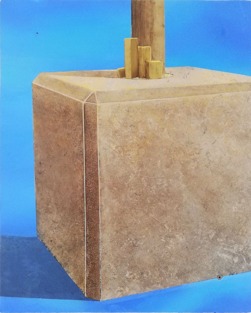 It is common in French suburbs to find entire streets punctuated by poles mounted on temporary concrete bases, providing electricity and telephone service to residents. These blocks, mainly used near construction sites, are part of the visual grammar of urban areas undergoing renovation. It is difficult for an artist not to see them as a minimalist sculpture that has escaped from a museum or as a symbolic form—a contemporary totem—embodying the ongoing transformation. 