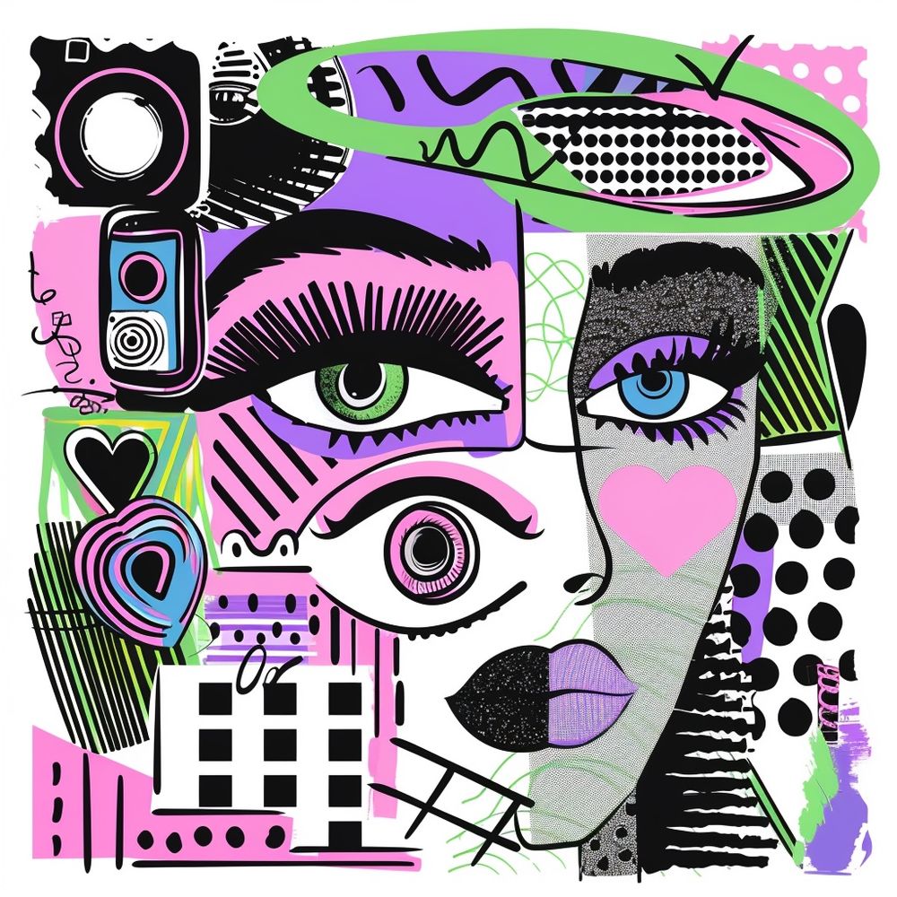 A vibrant, abstract portrait blending cubism and pop art, featuring fragmented facial features with multiple eyes, bold black outlines, and a mix of neon pink, purple, green, and black. Various graphic elements—cameras, hearts, cityscapes, and dynamic patterns—overlay the face, creating a sense of layered identity and disjointed perception. The composition is chaotic yet structured, symbolizing a fractured yet interconnected sense of self.