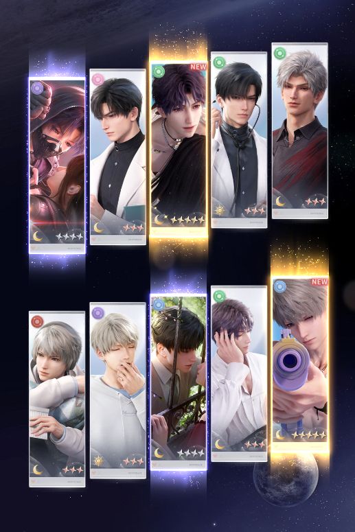 A screenshot of a 10 card pull in Love and Deepspace. The notable point of this screenshot is that I have pulled the new Rafayel AND Xavier 5 star cards in the same pull group, something that is rather rare.