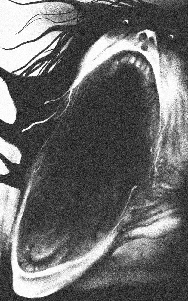 an abstract illustration of a person with a torn open mouth