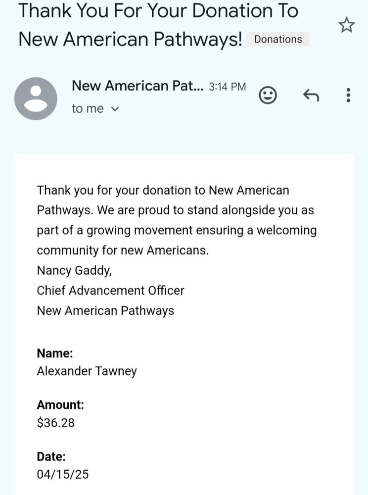 Image of a donation receipt to New American Pathways for $36.28 in honor of Missouri's 2007 win over Kansas in college football 