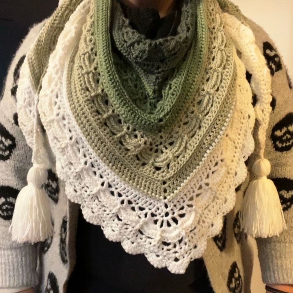 Wearing a crocheted scarf in various shades of green and white. Tassels have been affixed to the ends. I’m also wearing a grey cardigan with black skulls on it. 