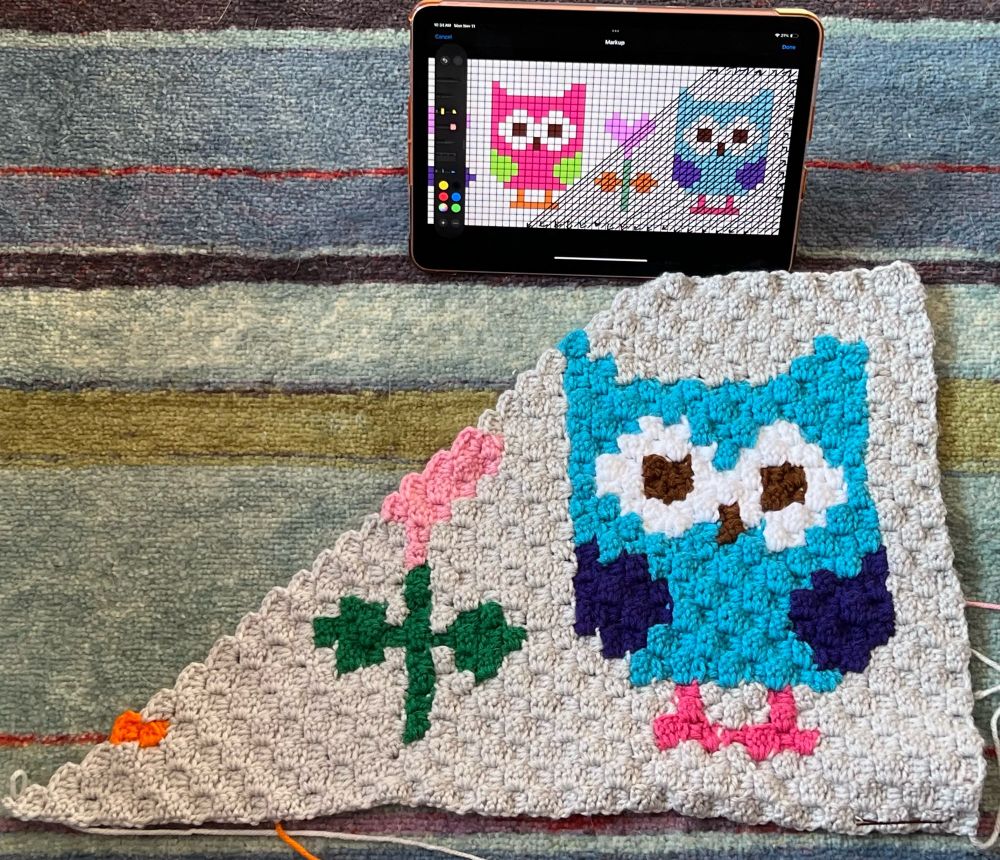 WIP of a corner to corner crochet project of owls. Will be a pillow cover when done. 