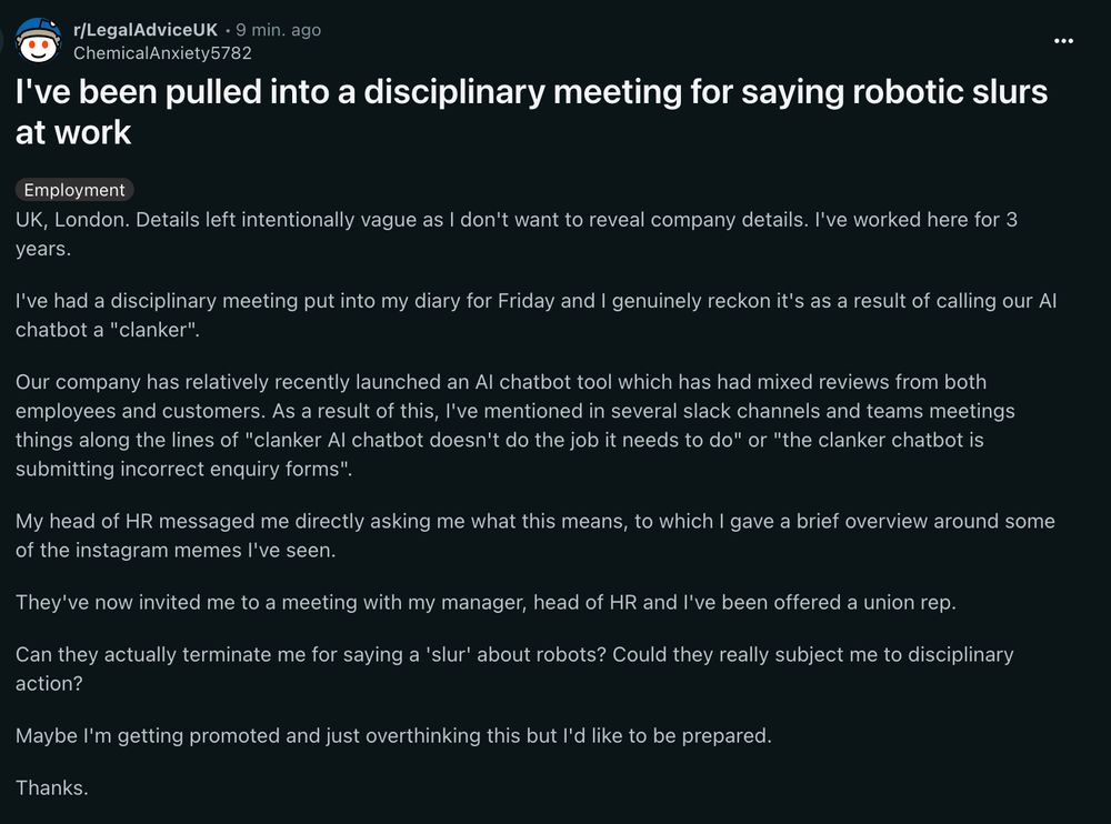 Full text: https://www.reddit.com/r/LegalAdviceUK/comments/1mk9ut8/ive_been_pulled_into_a_disciplinary_meeting_for/