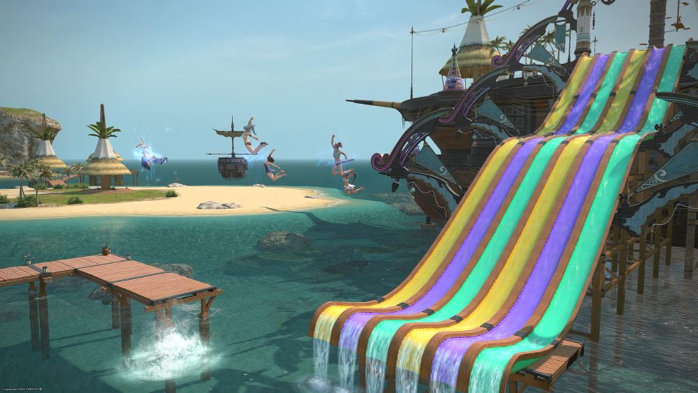 5 amazing silly friends chilling at the pool in FFXIV having fun on the water slide!