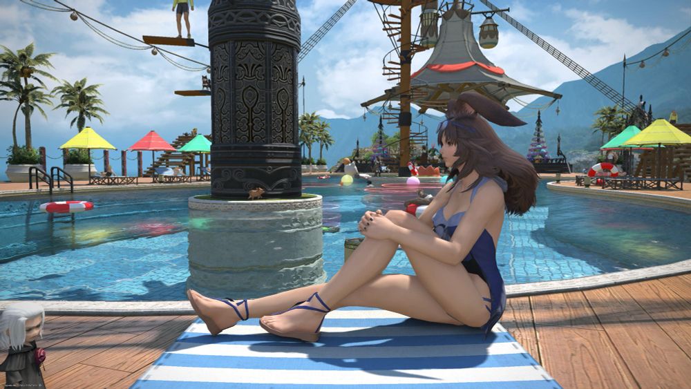 Cute viera Elara taking a break by the pool in FFXIV!