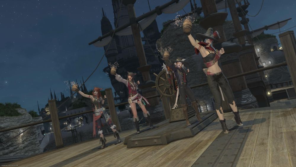 Cute brunette Miqo Vye dressed as a pirate toasting with a mug of grog with her friends: cute red head miqo Brynne, cute orange haired aura Kumo and cute green haired viera Syl! 
