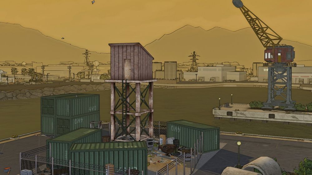 An industrial shipping yard with smog in the air. 