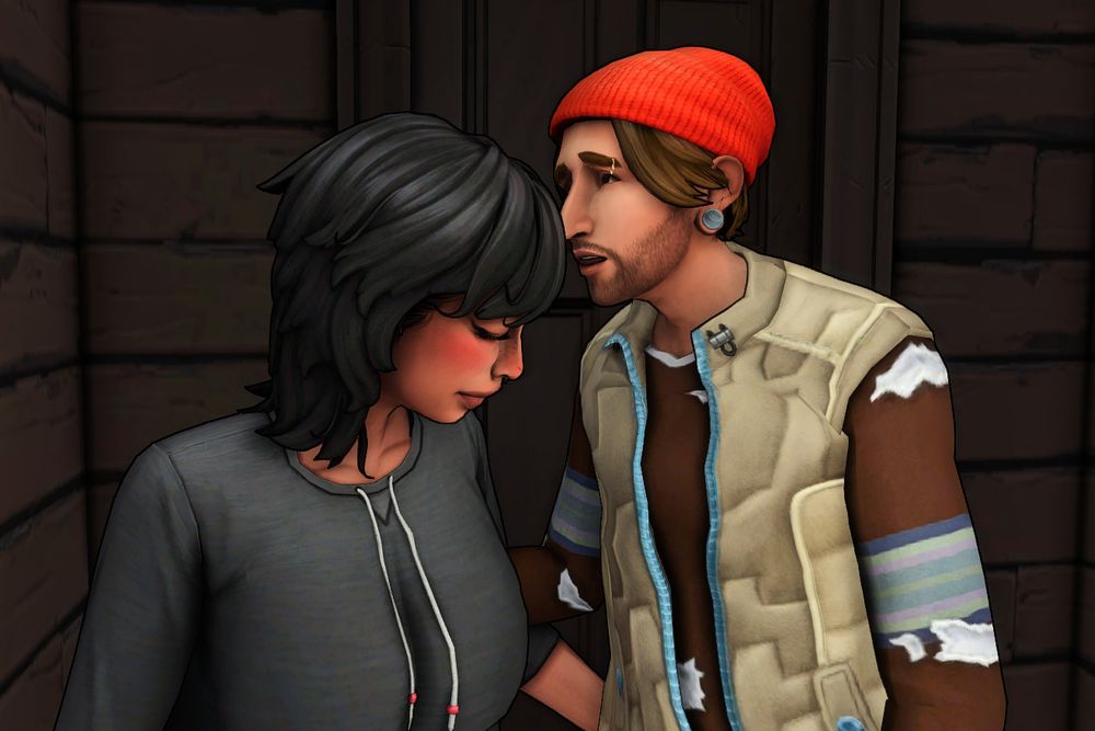 Knox, a male sim wearing a vest over a brown long sleeved shirt and an orange beanie. Loren, a female sim with a black sweater and black hair. Knox is whispering about eco lifestyles in Loren's ear. 
