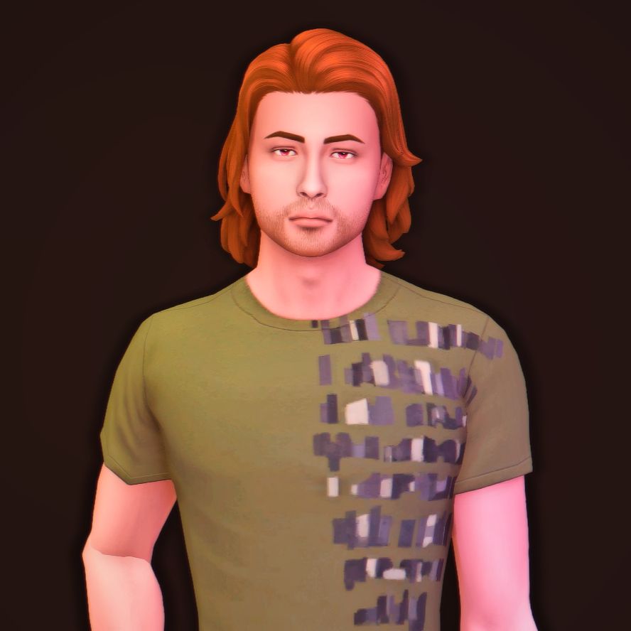 A male sim with red hair and a green shirt. 