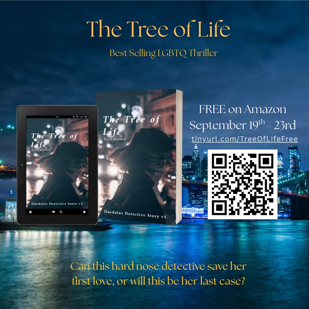 Photo of a city skyline with the ebook and print book for The Tree of Life. The cover has an Asian woman with shoulder length dark hair, she is crossing a dark road with a car coming towards her, her face is obscured by her hair. 

Text reads 'The Tree of Life Best Selling LGBTQ Thriller Free on Amazon September 19th - 23rd  tinyurl.com/TreeOfLifeFree  
Can this hard nosed detective save her first live, or will this be her last case?'