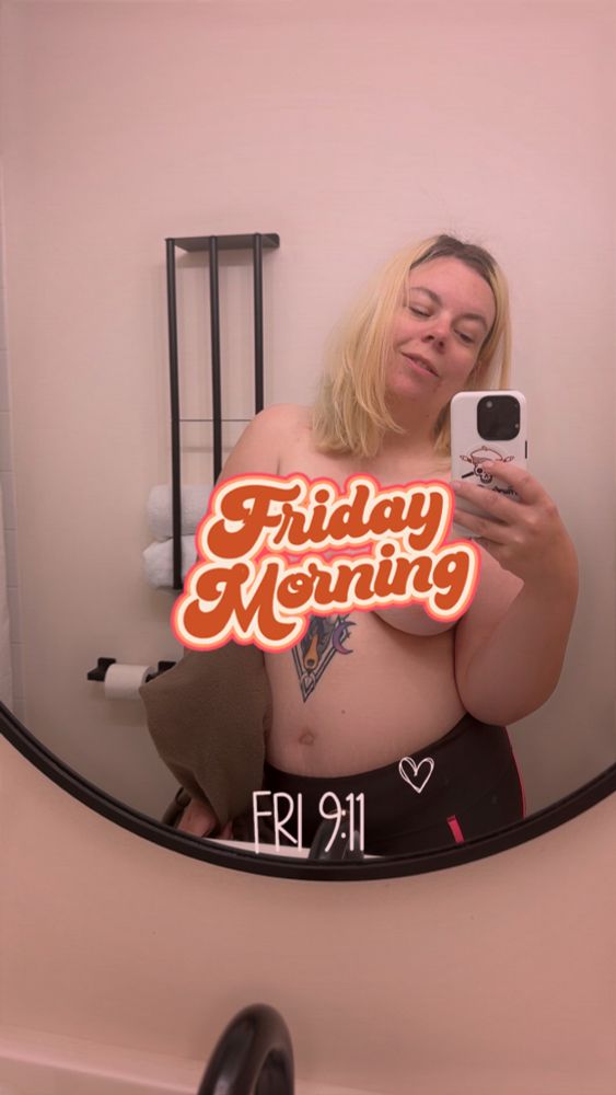 Izze topless. ‘Friday morning’ covering their chest