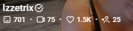 701 photos - 75 videos - 1.5K likes - 25 fans