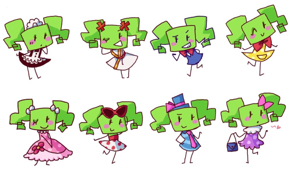 lineup of art featuring mimi from super paper mario in various outfits!