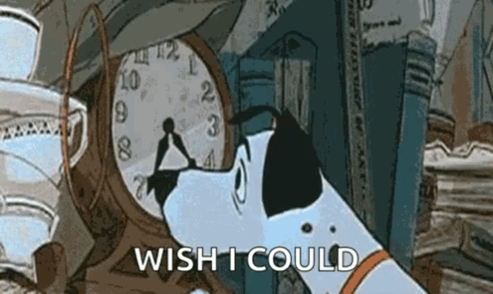 a dalmatian dog is looking at a clock and says wish i could