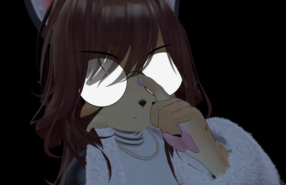 Close-up of my Kesler VRChat avatar, but now the lynx lady is giving you a mischievous smirk while her glasses do that opaque thing the Anime Nerds do when they push up on the bridge. Is that so...