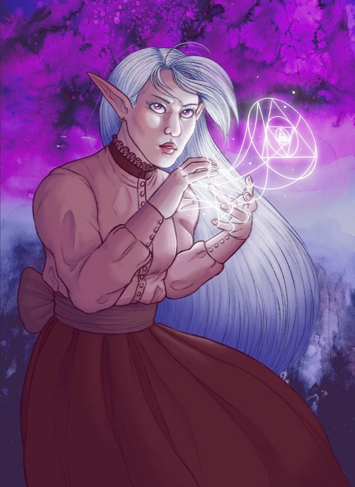 Ophelia Galen, my Earthdawn Wizard, weaving threads to cast a spell. She is an elf with long white hair, pale skin, magenta eyes, and an Edwardian style outfit: a pink blouse with a maroon lace collar, a mauve belt, and a maroon skirt. The magic threads glow bright white and cast light on her face and hands. She has the threads on her fingers like a cat's cradle. The background is purple, gray, and black watercolor.
