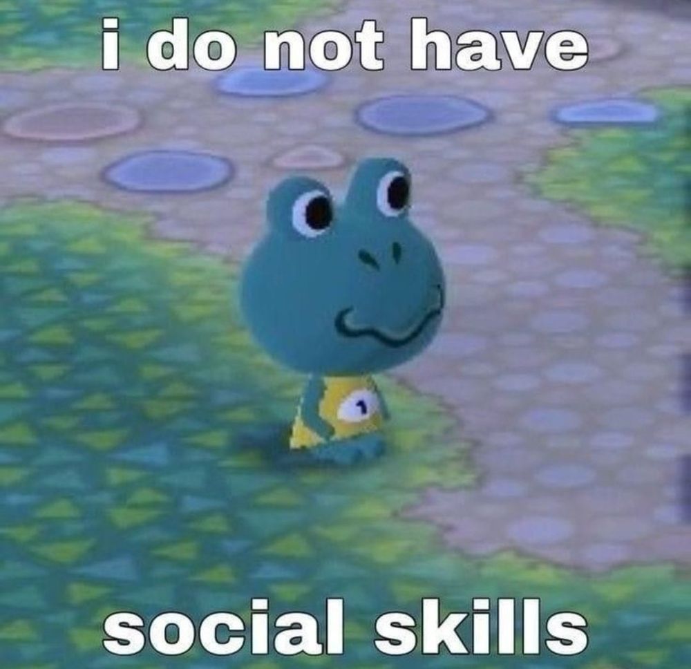 screenshot of a frog character from animal crossing with the caption "I do not have social skills"
