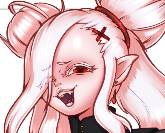 screenshot of the head of a vampire girl with white hair. the hair covers half of her face and is bound to twin buns. she's wearing ruby earrings int he form of tears of blood. her eyes are a glowing read, her skin is pale and her hair is a bright, silvery white