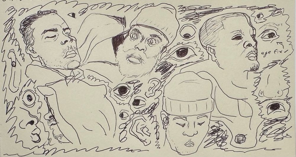 Five men heads, with eyes and ears as noise.