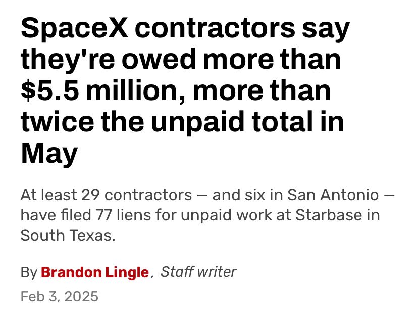 Headline from the San Antonio Express-News noting that 29 contractors for SpaceX claim they have not been paid $5.5 million for at least two months. Article by Brandon Lingle, dated February 3,2025.