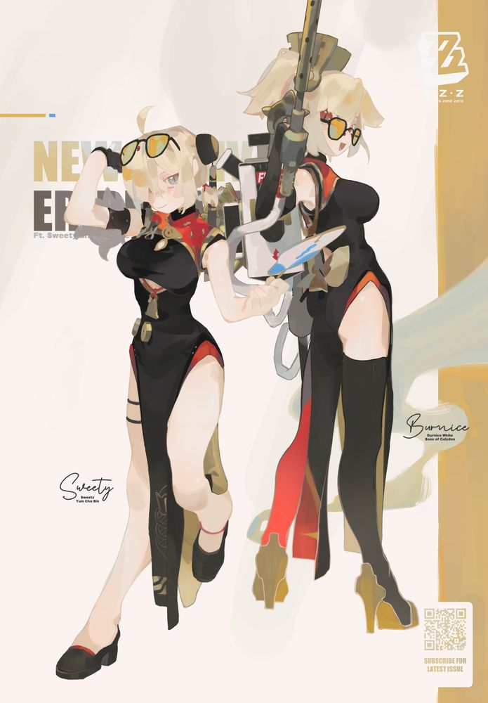 Sweety and Burnice from the game Zenless Zone Zero sporting cheongsam (China dress), lined with elegant gold, black, and red colours :3