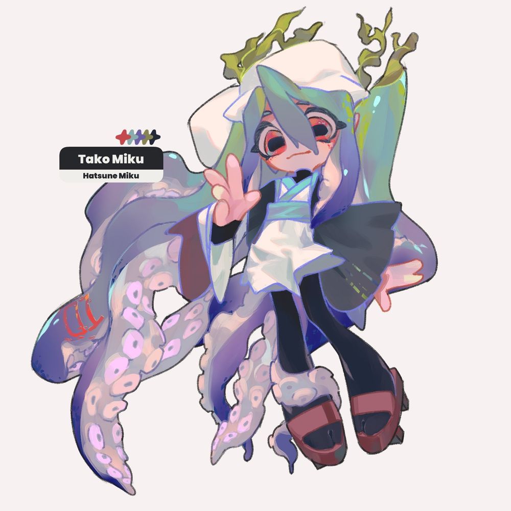 Hatsune Miku octopus design version. Concept design by me! She has interestingly unique silhouette, far from her original design. Her hair is slimy, glossy, made of tentacles! She wears a kind of traditional Japanese maid outfit I guess. Themed with teal, blue, whites, and greens and neutral colour palletes! Kind of iridiscent