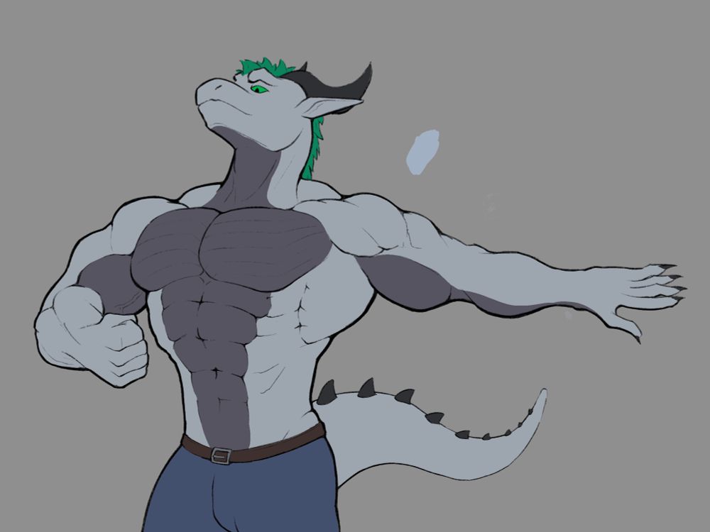 Work in progress picture of a mistake anthro dragon, posing dramatically with one hand to one side