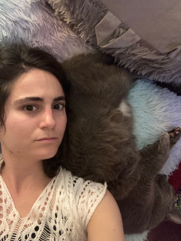 A cat snugs very close to her human