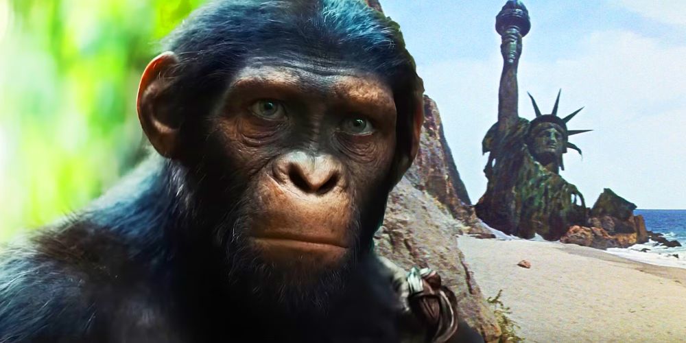 man sized chimp from planet of the apes next to the broken remnants of the statue of liberty on the shoreline