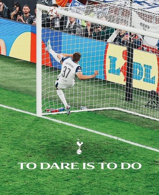 Van de Ven's goal line clearance in the Europa League final with the worlds 'To Dare Is To Do' beneath the Tottenham Hotspur badge. COYS.