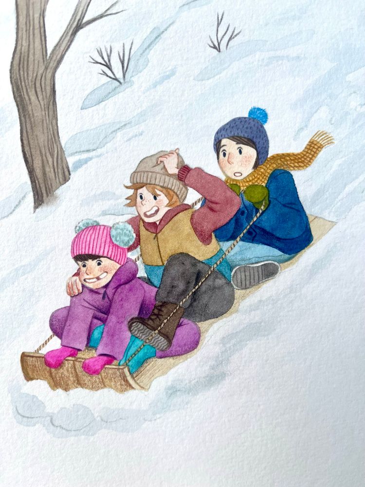 Three kids (the characters from Lucy Knisley’s Peapod Farm series) on a toboggan, sledding down a hill.