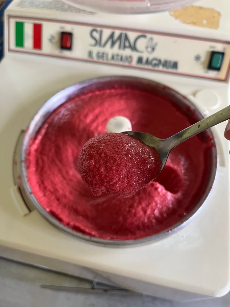 Cherry sorbet in the ice cream maker 