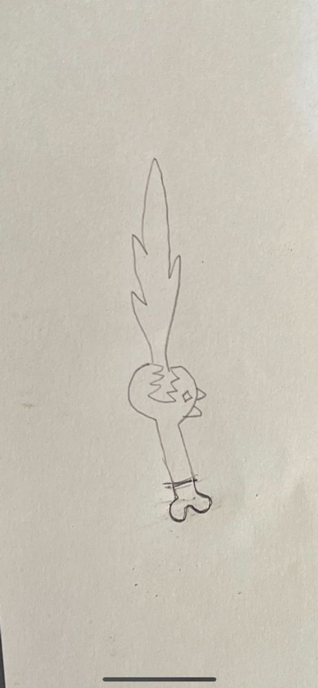 Child’s pencil drawing of a sword with a design that includes a dragon head spitting flame for the blade and a hilt that is a bone.