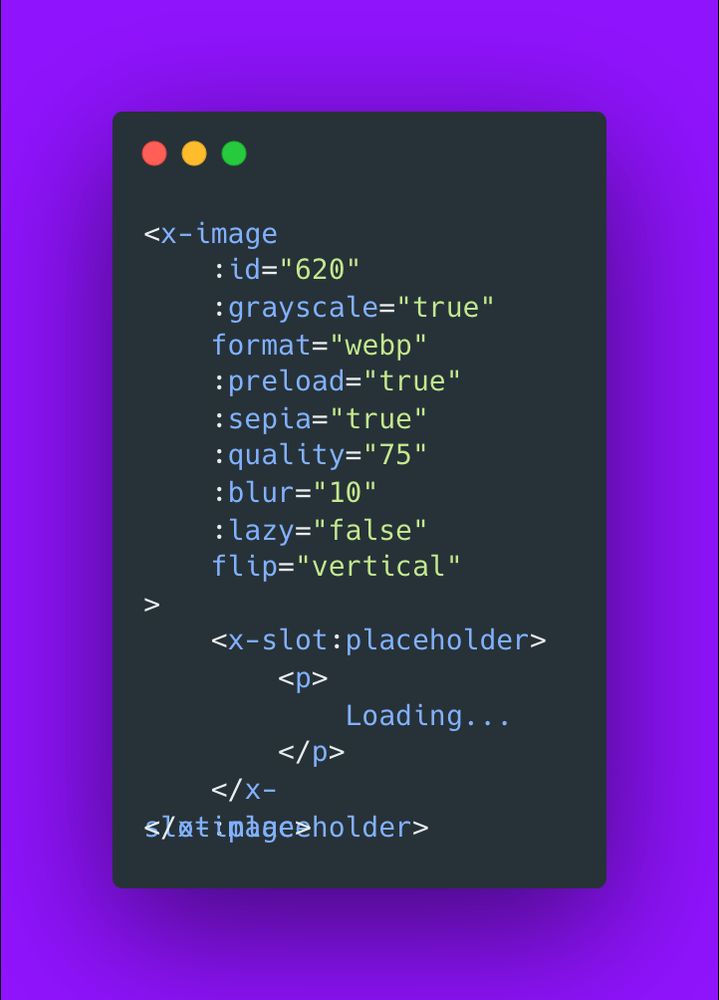 Photo showing blade component. Blade component loads an image using <x-image> with custom filters applied, ability to add specific placeholder via slot. Full code below:

<x-image
    :id="620"
    :grayscale="true"
    format="webp"
    :preload="true"
    :sepia="true"
    :quality="75"
    :blur="10"
    :lazy="false"
    flip="vertical"
>
    <x-slot:placeholder>
        <p>
            Loading...
        </p>
    </x-slot:placeholder>
</x-image>
